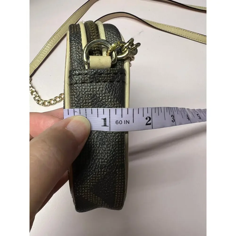 Michael Kors Monogram Small Crossbody Brown Beige Zip Chain Strap Gold Hardware